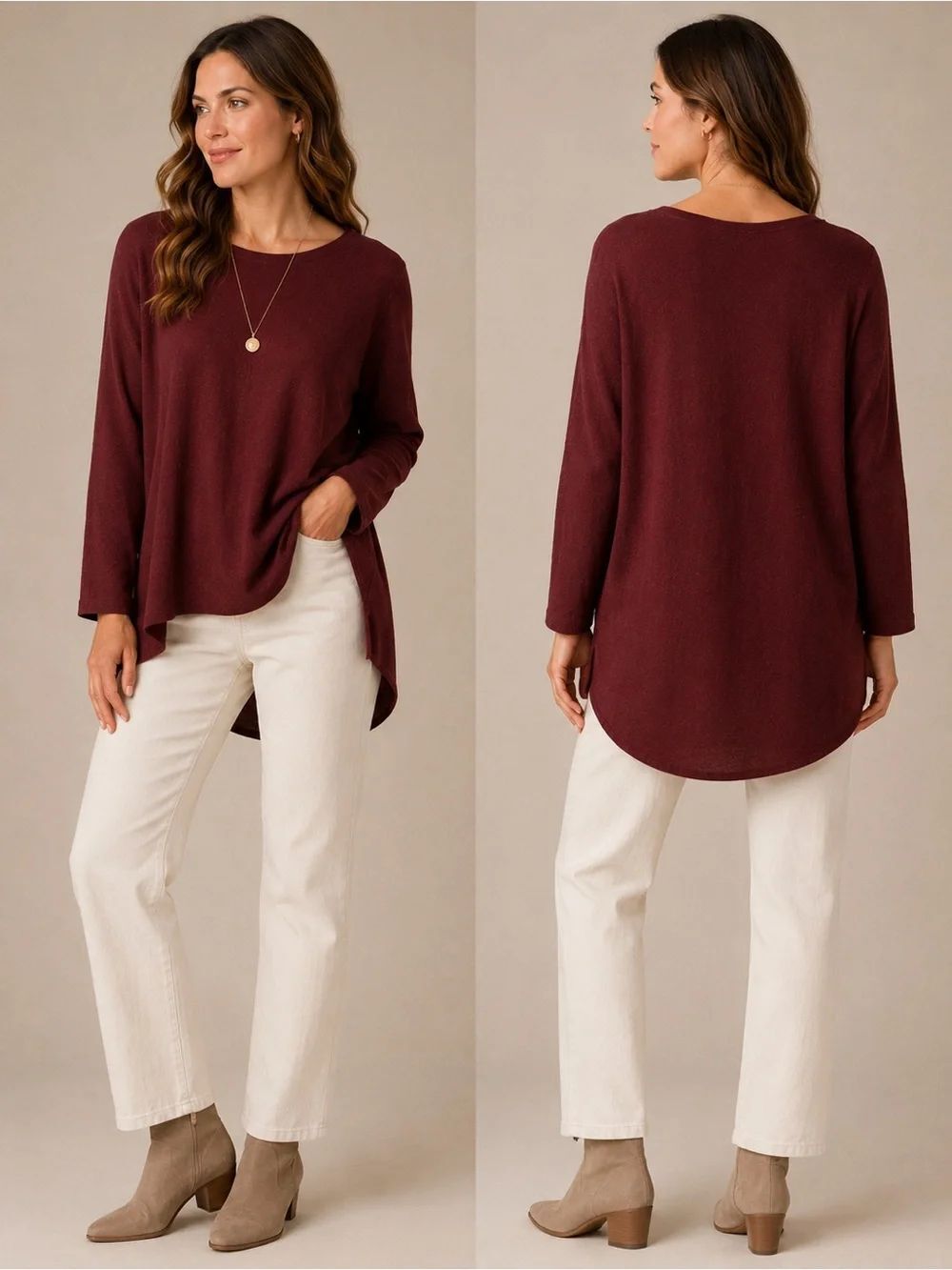 Eileen Fisher Organic Cotton Silk Tencel Burgundy Tunic Sweater L Relaxed Hi-Low